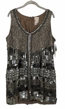 Precious Formals 100% Silk Beaded Gray Sleeveless Mini Dress Size 14